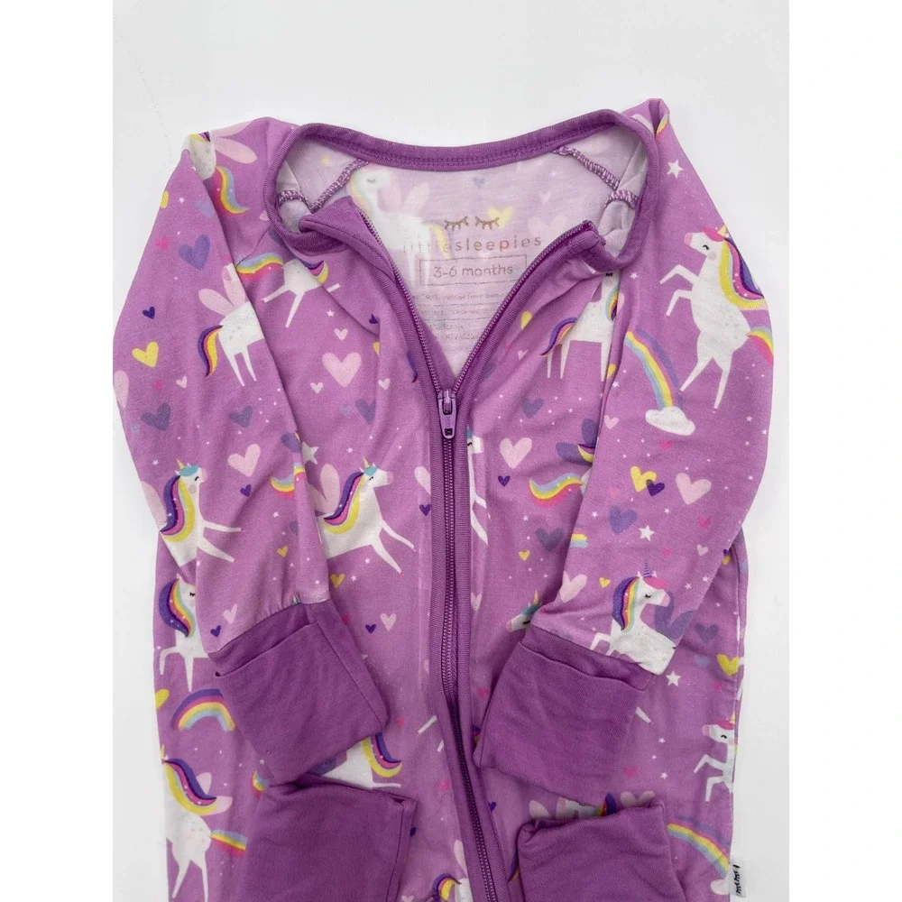 Little Sleepies‎ 3-6 Months Purple Unicorn Rainbow Zip Pajamas Romper Kids